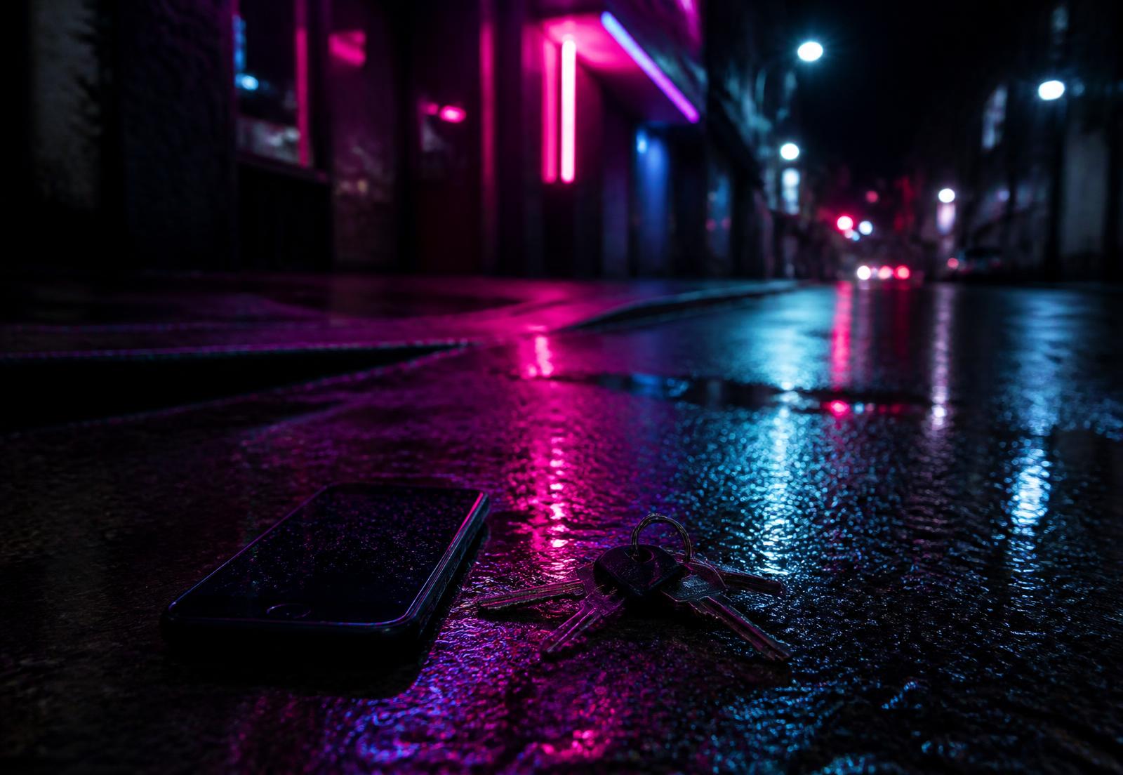 Neon-lit wet street at night with a phone and keys on the pavement